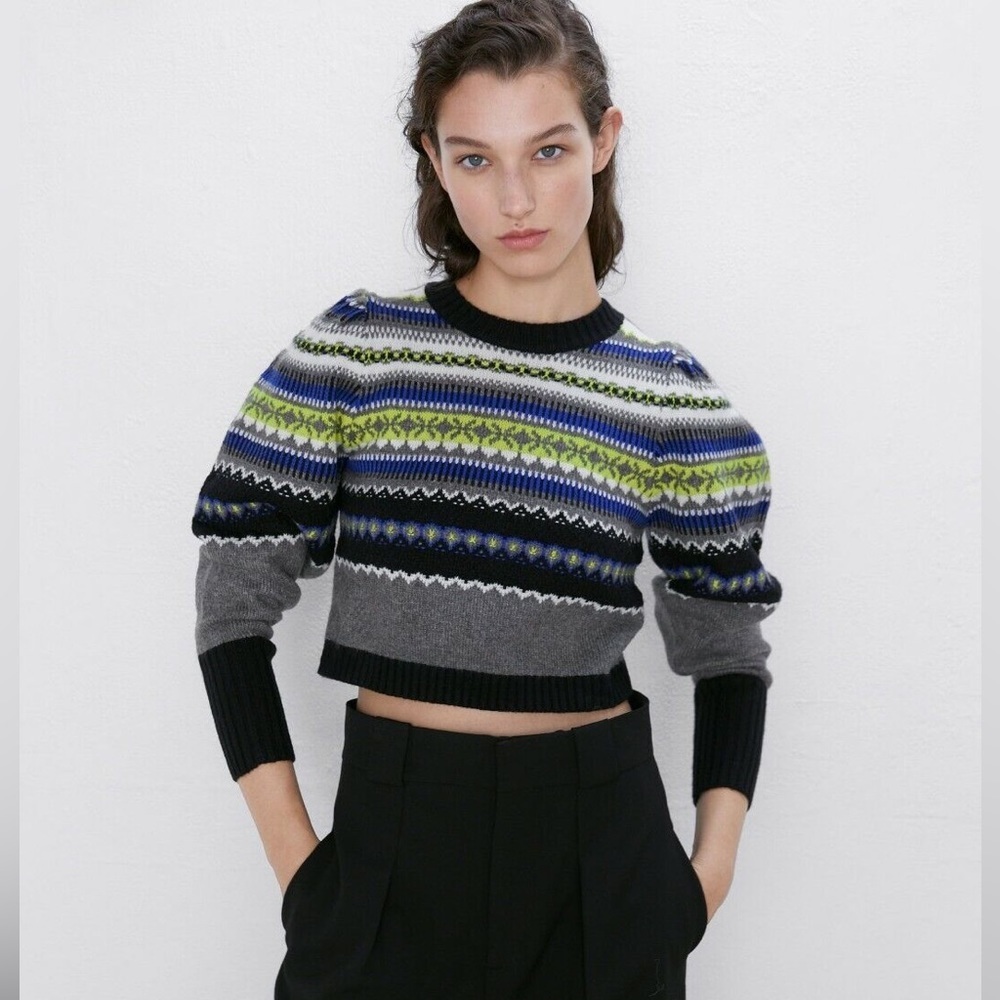 ZARA NEW WOMAN JACQUARD KNIT SWEATER PUFF SLEEVES CROPPED - SIZE L
